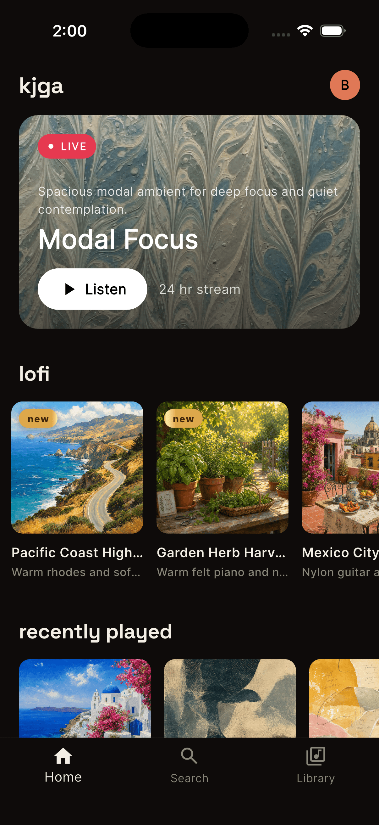 kjga iOS app — today's drop, recently played, and past drops