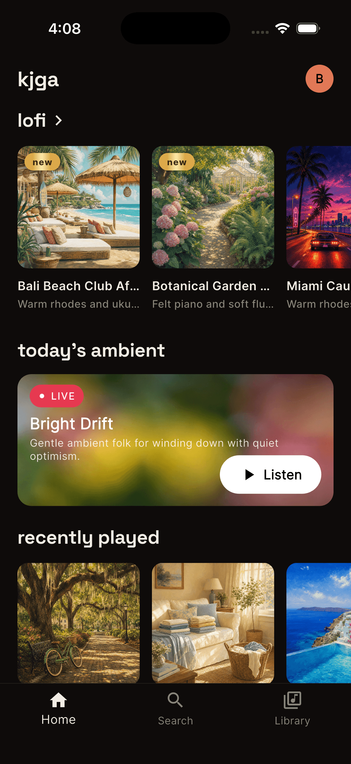 kjga iOS app — today's drop, recently played, and past drops